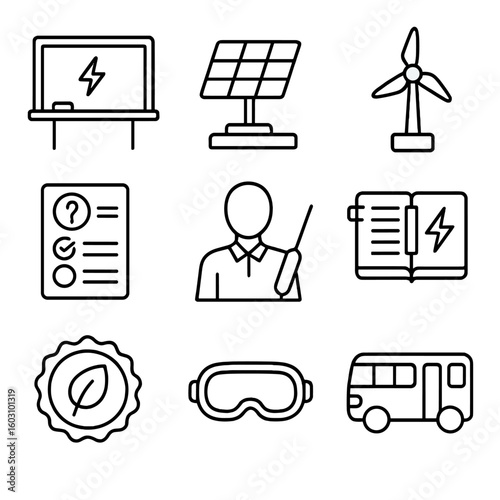 Renewable Energy Icons. Outline style icons of Renewable Energy Education: classroom board, solar kit model, wind turbine toy,