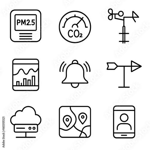 Air Quality Monitoring Icons. Outline style icons of Air Quality Monitoring: PM2.5 sensor, CO₂ gauge, weather station mast, data