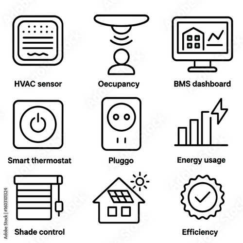 Smart Building Energy Icons. Outline style icons of Smart Building Energy Management: HVAC sensor, occupancy detector, BMS