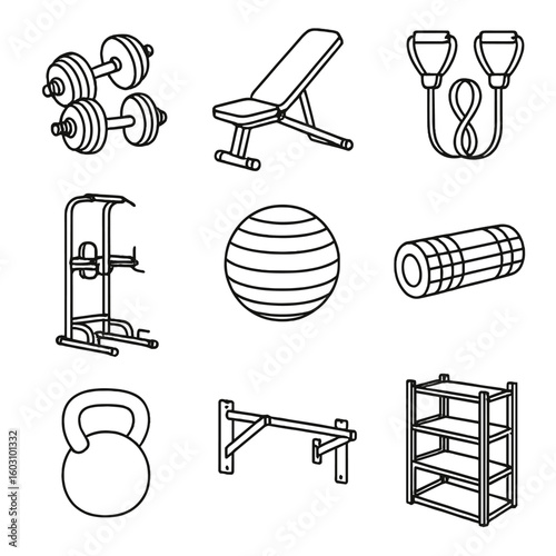Compact Home Gym Icons. Outline style icons of Compact Home Gym: adjustable dumbbells, foldable bench, resistance band set, power