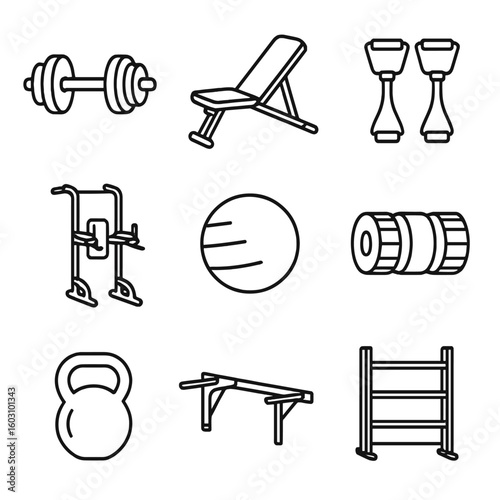 Compact Home Gym Icons. Outline style icons of Compact Home Gym: adjustable dumbbells, foldable bench, resistance band set, power