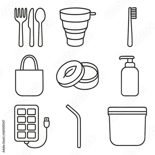 Eco-Friendly Travel Icons. Outline style icons of Eco-Friendly Travel Tools: reusable cutlery, collapsible cup, bamboo toothbrush,