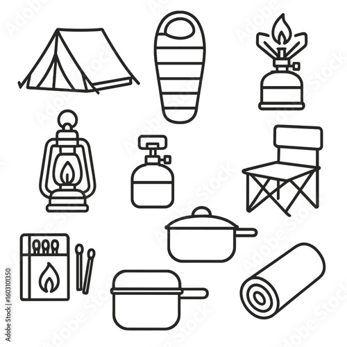 Camping Essentials Icons. Outline style icons of Camping Essentials: tent, sleeping bag, camping stove, gas canister, lantern,