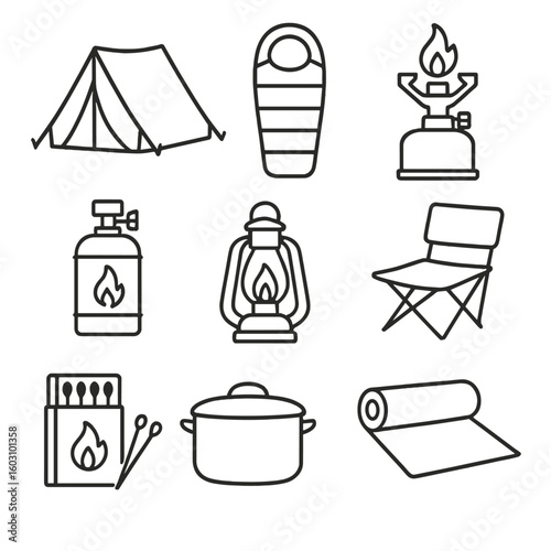 Camping Essentials Icons. Outline style icons of Camping Essentials: tent, sleeping bag, camping stove, gas canister, lantern,