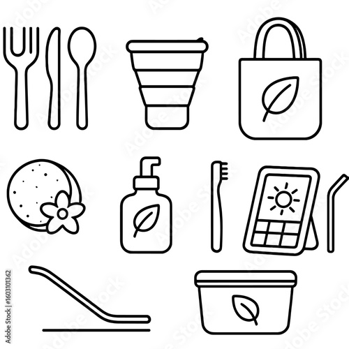 Eco-Friendly Travel Icons. Outline style icons of Eco-Friendly Travel Tools: reusable cutlery, collapsible cup, bamboo toothbrush,