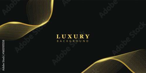 Minimalist abstract luxury background with smooth golden lines on a black backdrop. Perfect for elegant presentations, invitations, business cards, certificates, and branding designs. Vector EPS 