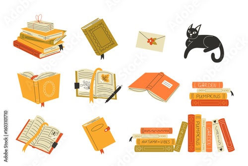 Autumn book collection with literature diary and seasonal reading in flat style