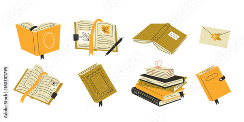 Autumn book collection with literature diary and seasonal reading in flat style