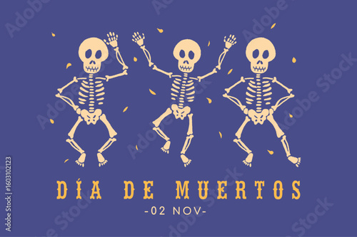 banner día de muertos con esqueleto bailando fondo azul, celebración mexicana