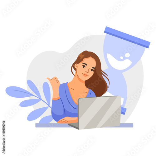 Woman sitting at desk using laptop, flat graphic style, white background, concept of deadline pressure and time management. Vector illustration