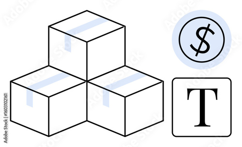 Stacked shipping boxes with blue tape, a dollar sign in a circle, and bold T. Ideal for e-commerce, shipping, logistics, packaging, retail cost estimation marketing. Simple flat metaphor