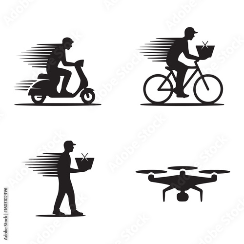 Various delivery methods in black silhouette design