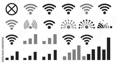 Collection of Wireless Network Signal Strength Indicators and Connectivity Icons Representing Different Levels of Signal Quality and Transmission Status for Digital Communication Systems