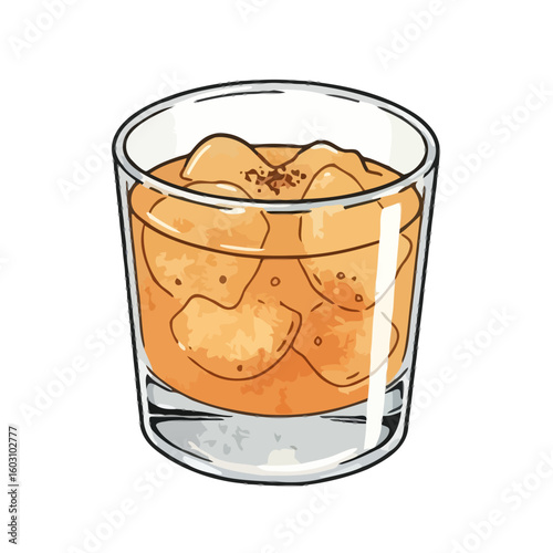 Glass of whiskey with ice cubes on white background  