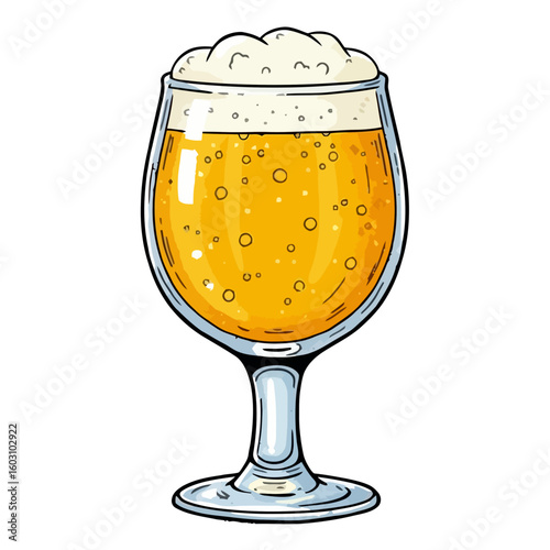 Beer glass filled with golden ale and frothy foam on top  