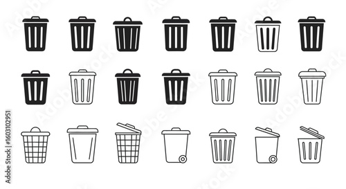 Collection of Various Bin and Trash Can Icons Representing Waste Disposal and Recycling Concepts