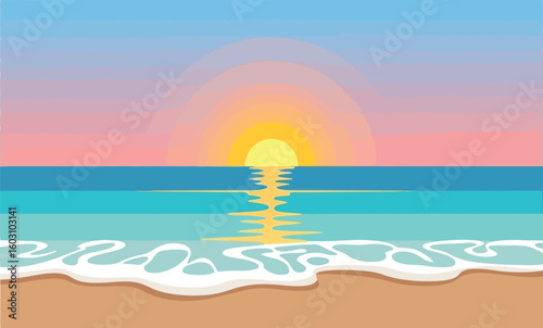 A serene beach scene featuring a vibrant sunset reflecting on the calm ocean water and sandy shore