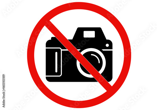 Icon prohibiting the use of cameras and photography in a forbidden area indicating restricted access to visual recording equipment and digital imaging devices for privacy and security reasons