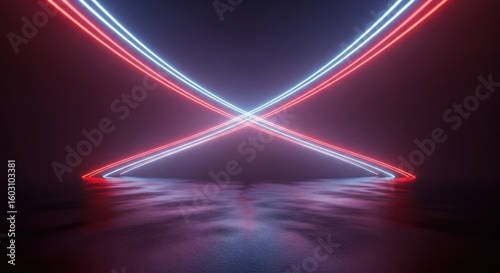 Abstract Neon Light Tunnel with Intersecting Arcs
