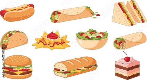 A collection of various food items including a hotdog, taco, burger, and dessert on a white background