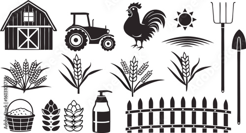 Farming Agriculture Icons Set – Tractor, Farmer, Crops, Tools & Equipment Symbols