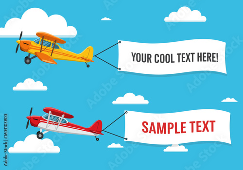 Vintage Biplanes Soaring Through the Sky Towing Banners for Advertising and Announcements with a Sense of Nostalgia and Adventure in a Bright Sunny Day