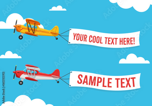 Two vintage biplanes flying in the sky pulling banners with text for your advertising or announcement needs