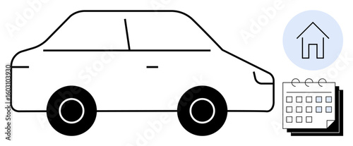 Side view of a car alongside a calendar and home icon. Ideal for transportation, planning, mobility, car rental, lifestyle, home commute, and time management. Simple flat metaphor