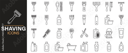 Line Art Icons of Shaving Products, Razors, and Grooming Tools for Digital Design