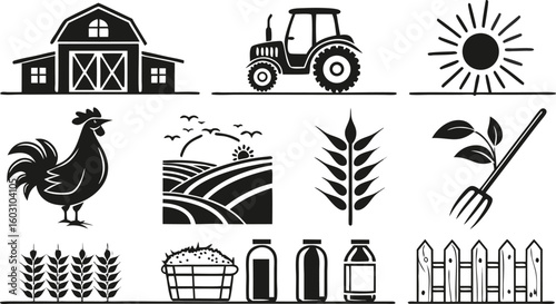 Farming Agriculture Icons Set – Tractor, Farmer, Crops, Tools & Equipment Symbols