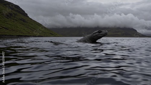Aquatic Creature Emerges: A mysterious creature rises from the murky water of a misty lake, shrouded by the overcast sky and mountainous backdrop.