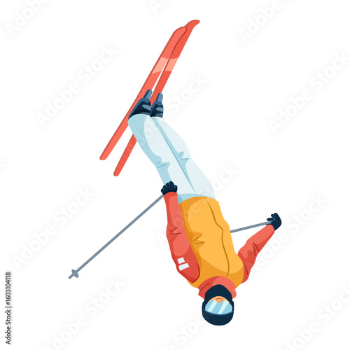 Skier executing a freestyle jump while upside down in winter outfit, flat design style, isolated on white background. Concept of extreme winter sport. Vector illustration