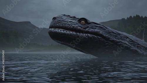 A mysterious reptilian creature rises from the depths of a misty lake against the backdrop of rolling hills under a somber sky.