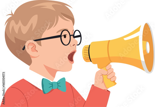 A boy with glasses and a bow tie shouting into a yellow megaphone on a white isolated background
