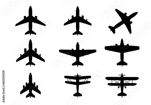 A collection of black silhouettes of various aircraft from a top down perspective showcasing different models and eras of aviation history and development