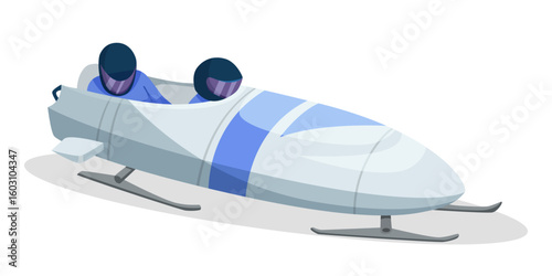 Bobsled with two athletes in helmeted suits, cartoon style, isolated on white background. Concept of winter sports and competition. Vector illustration