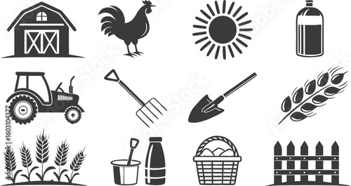 Farming Agriculture Icons Set – Tractor, Farmer, Crops, Tools & Equipment Symbols
