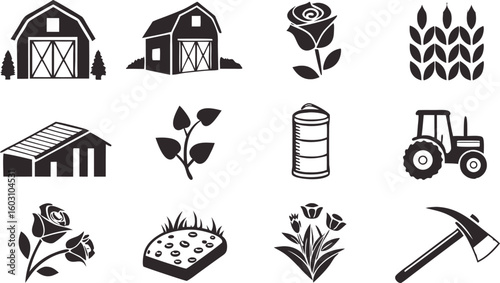 Farming Agriculture Icons Set – Tractor, Farmer, Crops, Tools & Equipment Symbols