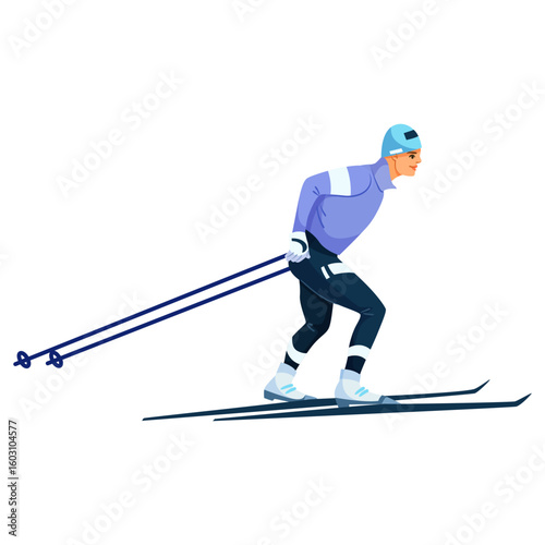 Athlete skiing with poles on snow, flat style graphic, isolated white background. Concept of cross-country winter sport. Vector illustration