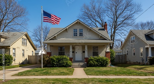 Suburban Bungalow Home American Flag Waving Residential Neighborhood Blue Sky Day