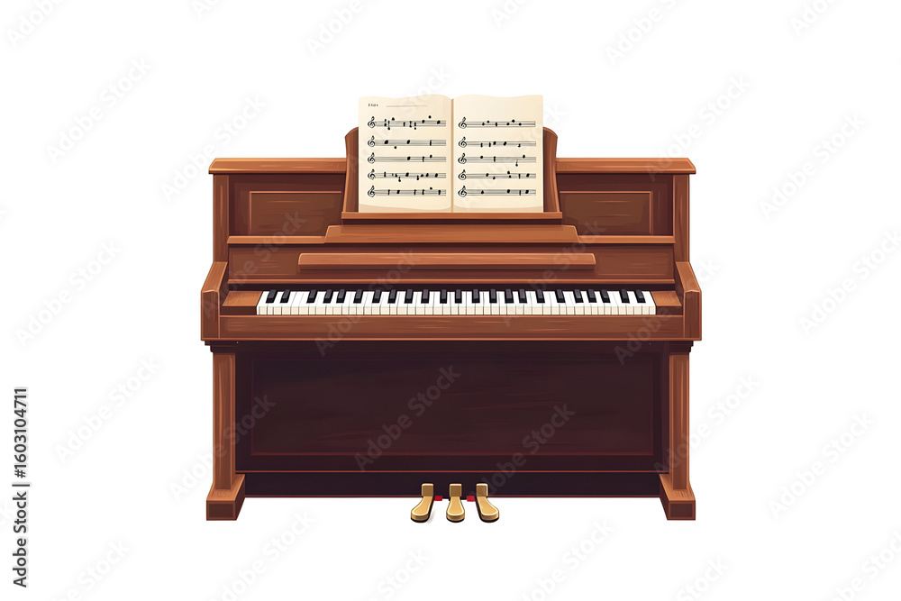 Classic upright piano with sheet music displayed on stand Classic upright piano with sheet music displayed on stand