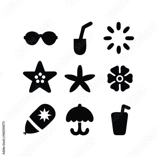 Summer Beach Icons Set – Black Silhouette Vacation Symbols | Sunglasses, Drinks, Starfish, Umbrella, Flowers, and Fun Tropical Elements Vector Collection

