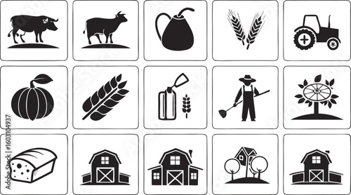 Farming Agriculture Icons Set – Tractor, Farmer, Crops, Tools & Equipment Symbols