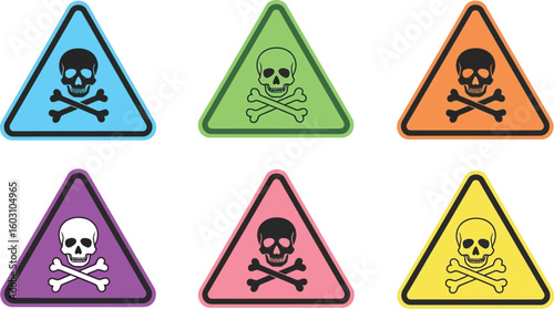 Colorful skull and crossbones warning signs for danger and poison concepts