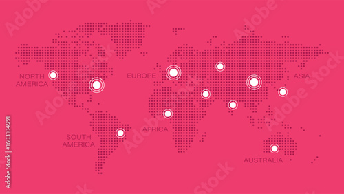 Vector World Map with pointers. North, South America, Europe, Asia, Africa, Australia. Illustration for infographics, web page, global business, communication, travel, destinations