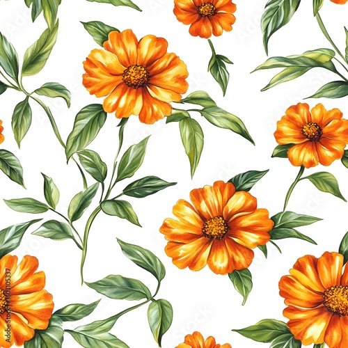 Vibrant orange flower and leaf pattern on white background.