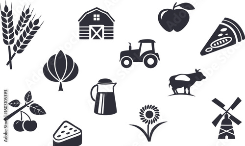 Farming Agriculture Icons Set – Tractor, Farmer, Crops, Tools & Equipment Symbols
