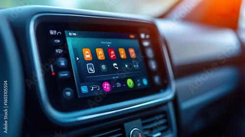 Close-up of a touchscreen car display, infotainment, navigation, modern