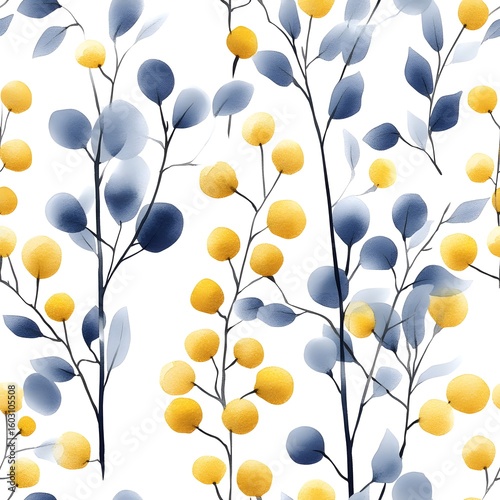 Delicate botanical pattern of blue and yellow leaves and berries on a white background.