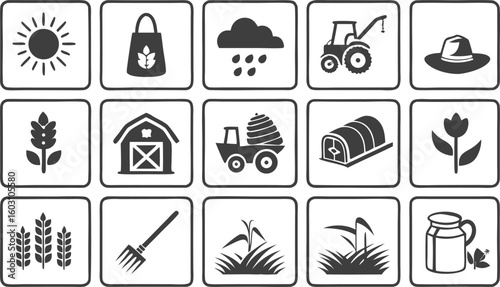 Farming Agriculture Icons Set – Tractor, Farmer, Crops, Tools & Equipment Symbols